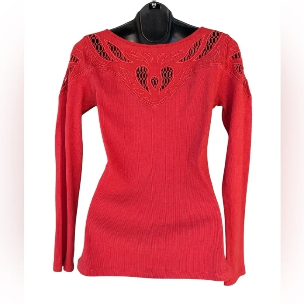 Free People womens Red/Orange crochet Embroidered Yoke Stretch Cotton tee top